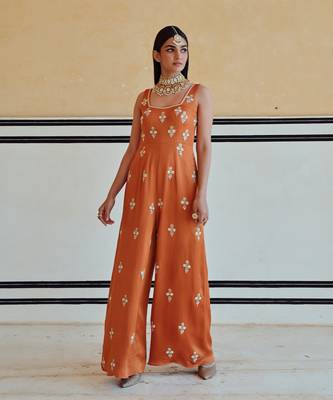 Copper square neckline floral butti embroidered flared jumpsuit 4