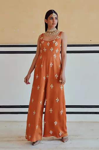 Copper square neckline floral butti embroidered flared jumpsuit