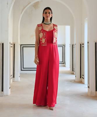 Red big flower embroidered short jacket with spaghetti jumpsuit 1