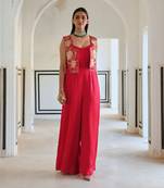 Red big flower embroidered short jacket with spaghetti jumpsuit