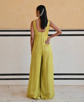Lime square neckline floral butti embroidered flared jumpsuit 3