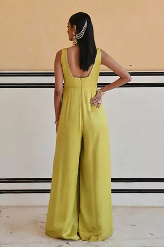Lime square neckline floral butti embroidered flared jumpsuit