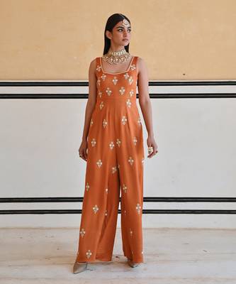 Copper square neckline floral butti embroidered flared jumpsuit 5
