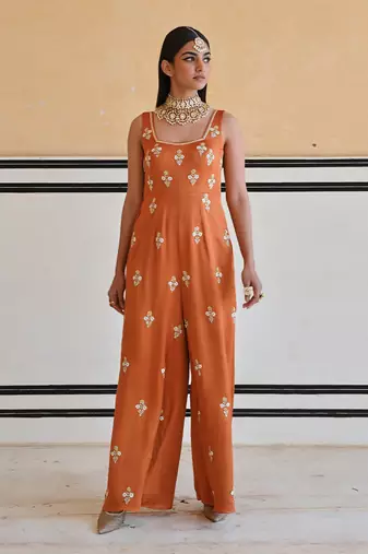 Copper square neckline floral butti embroidered flared jumpsuit