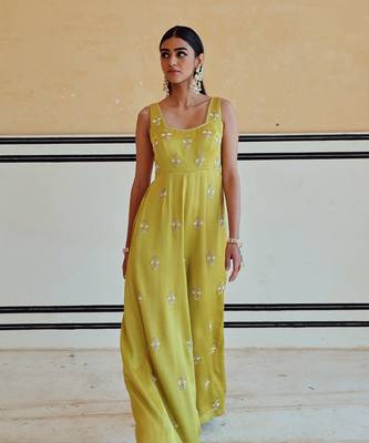 Lime square neckline floral butti embroidered flared jumpsuit 4