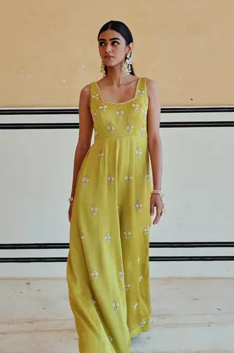 Lime square neckline floral butti embroidered flared jumpsuit