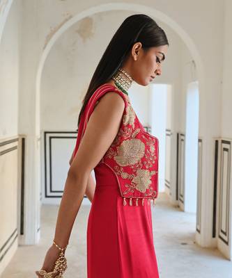 Red big flower embroidered short jacket with spaghetti jumpsuit 2