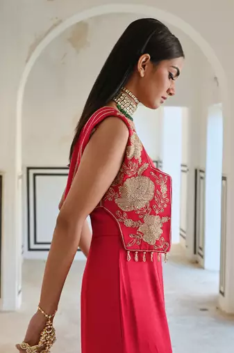 Red big flower embroidered short jacket with spaghetti jumpsuit