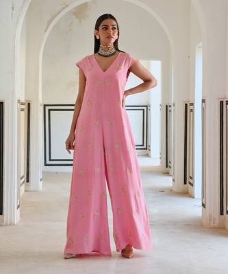 Baby pink small floral butti embroidered loose jumpsuit. 1