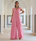 Baby pink small floral butti embroidered loose jumpsuit.