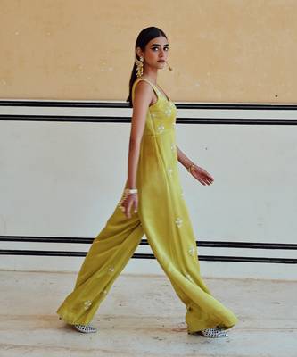 Lime square neckline floral butti embroidered flared jumpsuit 5