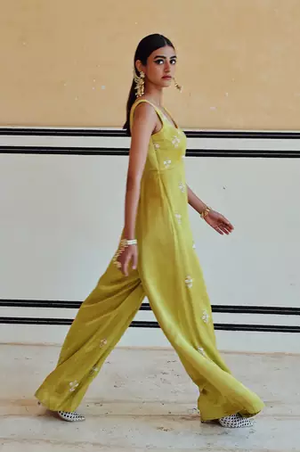Lime square neckline floral butti embroidered flared jumpsuit