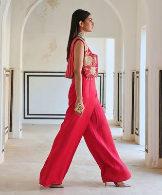 Red big flower embroidered short jacket with spaghetti jumpsuit 3