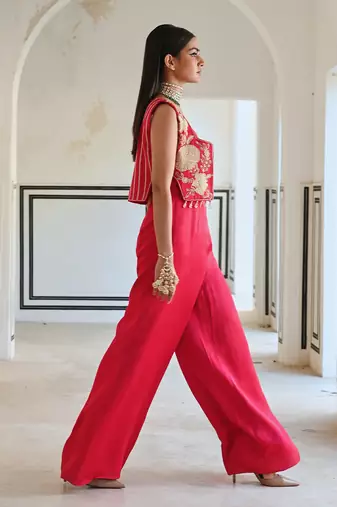 Red big flower embroidered short jacket with spaghetti jumpsuit