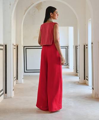 Red big flower embroidered short jacket with spaghetti jumpsuit 4