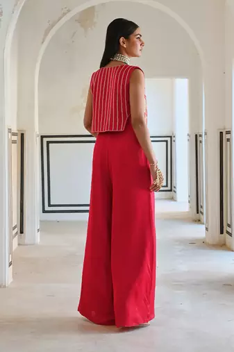 Red big flower embroidered short jacket with spaghetti jumpsuit
