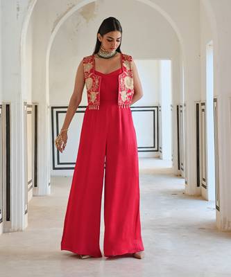 Red big flower embroidered short jacket with spaghetti jumpsuit 5
