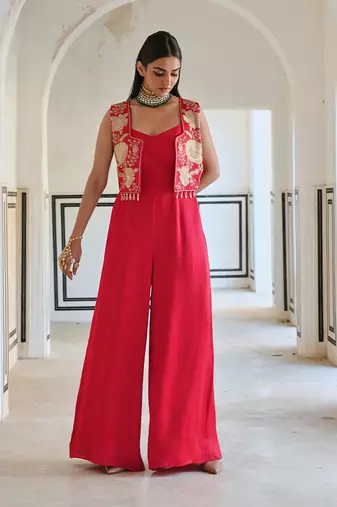 Red big flower embroidered short jacket with spaghetti jumpsuit