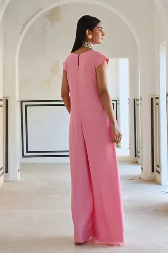 Baby pink small floral butti embroidered loose jumpsuit.