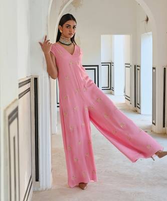 Baby pink small floral butti embroidered loose jumpsuit. 5