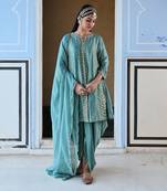 Turquoise blue 3/4 th sleeve leaf embroidered short kurta with dhoti and dupatta