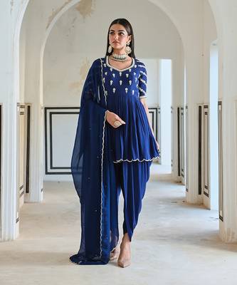 Royal blue raglan sleeve butti embroidered peplum with dhoti and dupatta. 1