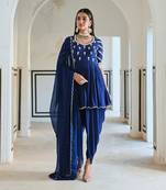 Royal blue raglan sleeve butti embroidered peplum with dhoti and dupatta.