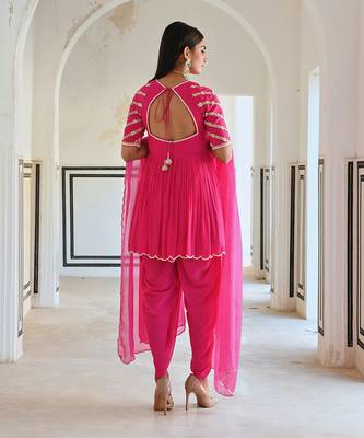 Rose pink raglan sleeve butti embroidered peplum with dhoti and dupatta. 3