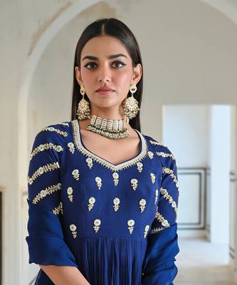 Royal blue raglan sleeve butti embroidered peplum with dhoti and dupatta. 2