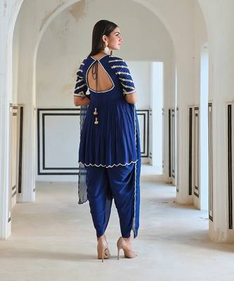 Royal blue raglan sleeve butti embroidered peplum with dhoti and dupatta. 3
