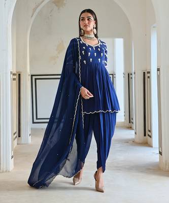 Royal blue raglan sleeve butti embroidered peplum with dhoti and dupatta. 4