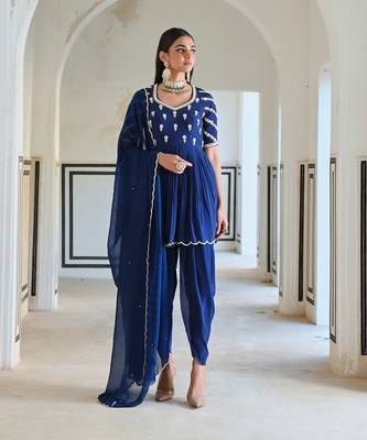 Royal blue raglan sleeve butti embroidered peplum with dhoti and dupatta. 5