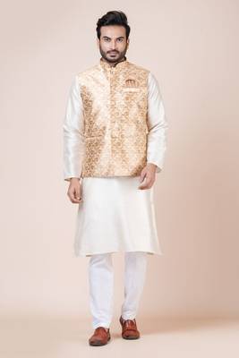 Nawaz kurta cotton blend set emobordried gold nehru jacket with kurta payjama set 1