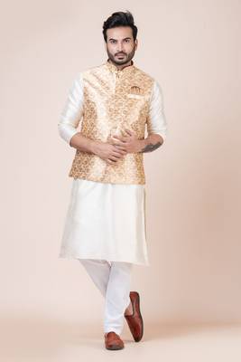 Nawaz kurta cotton blend set emobordried gold nehru jacket with kurta payjama set 5