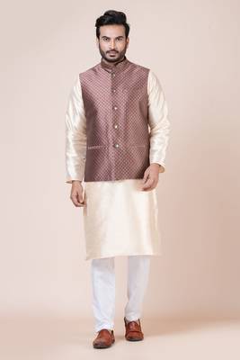 Nawaz kurta cotton blend set emobordried gold nehru jacket with kurta payjama set 1