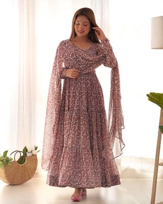 Fox Georgette Print Fabric Fully Flair Anarkali Kurti With Dupatta, Pent 1
