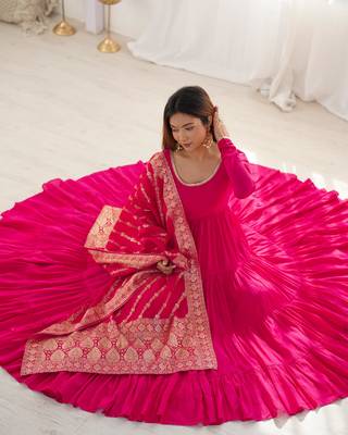 Romansilk Chanderi Fabric Fully Flair Anarkali Gown with Dupatta, Pent  3