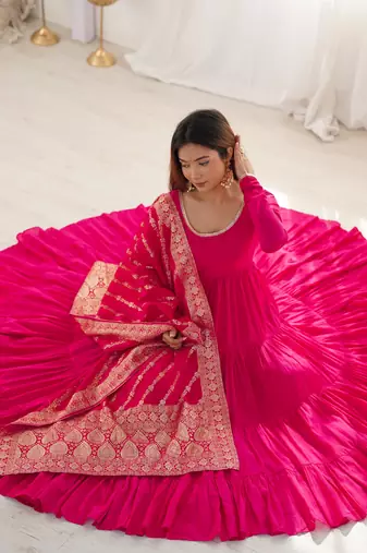 Romansilk Chanderi Fabric Fully Flair Anarkali Gown with Dupatta, Pent 