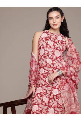 Cotton handblock haulter neck straight kurta dupatta set 1