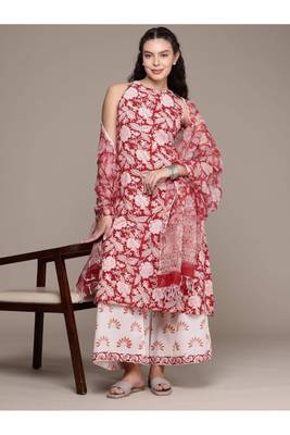 Cotton handblock haulter neck straight kurta dupatta set 2