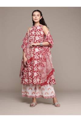 Cotton handblock haulter neck straight kurta dupatta set 5