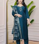 Dark Blue Colour Premium Roman Silk Hand Work A-Line kurta set
