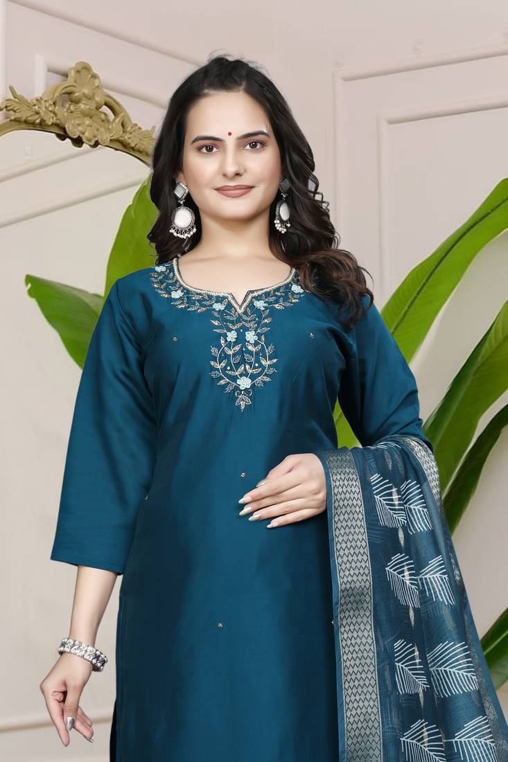 Dark Blue Colour Premium Roman Silk Hand Work A-Line kurta set