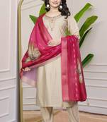 Cream Colour Premium Roman Silk Hand Work A-Line kurta set