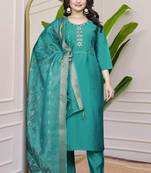Teal Blue Colour Premium Roman Silk Hand Work A-Line kurta set