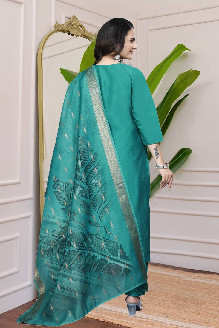 Teal Blue Colour Premium Roman Silk Hand Work A-Line kurta set