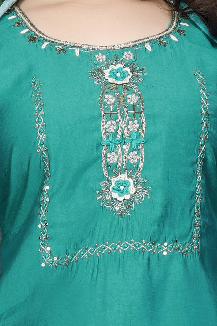 Teal Blue Colour Premium Roman Silk Hand Work A-Line kurta set