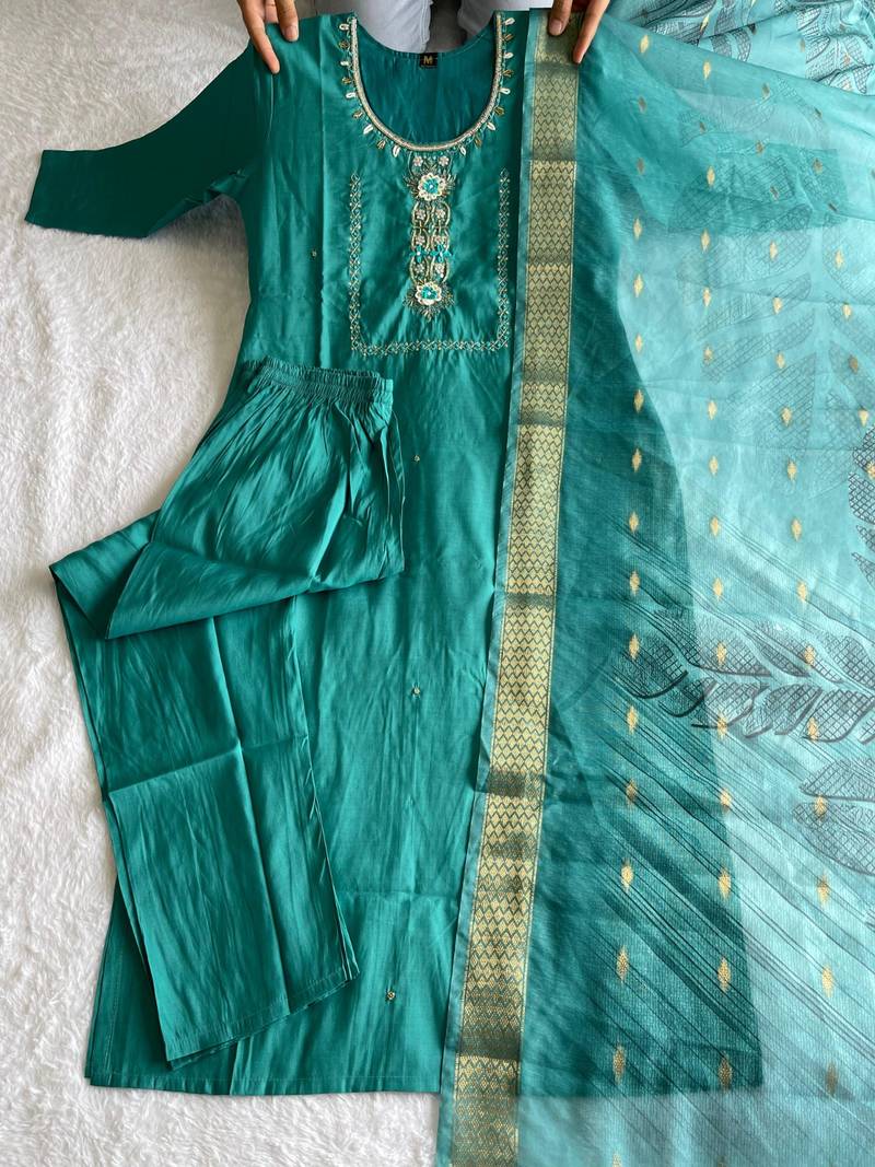 Teal Blue Colour Premium Roman Silk Hand Work A-Line kurta set