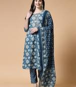 Blue women embroidered floral printed aline kurta pant with dupatta set
