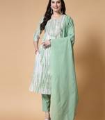 Green women embroidered floral printed aline kurta pant with dupatta set